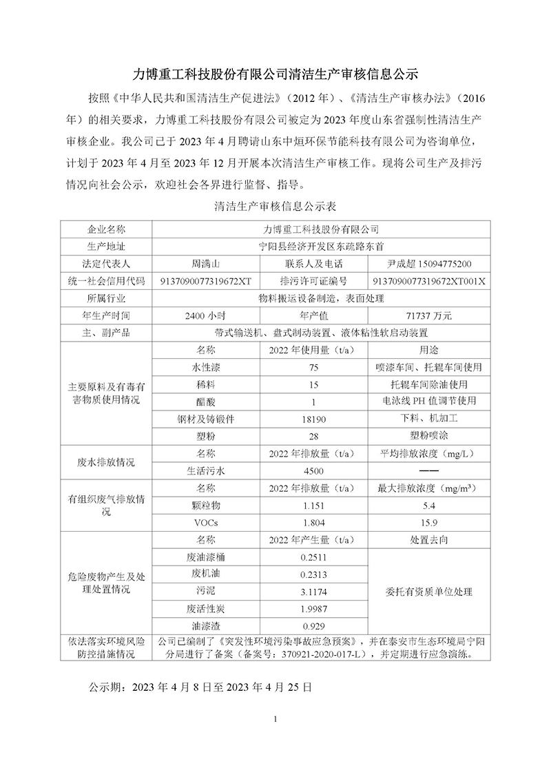 800力博重工科技股份有限公司2023年度清洁生产审核信息公示